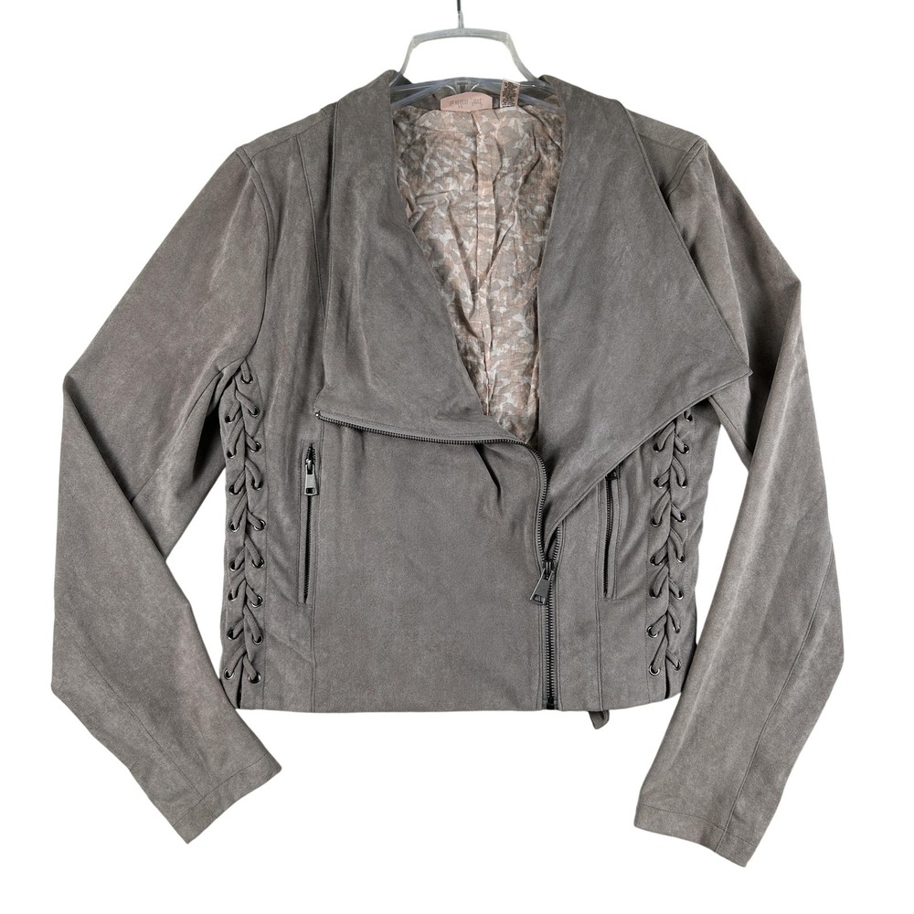 Willow & Root Jacket Womens Medium Faux Suede Moto Zip Front Lace Up Peplum Gray